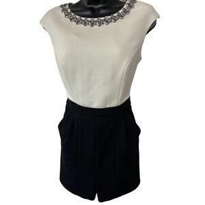 Ted Baker London Romper Playsuit Cream Black Embellished Neckline Sleeveless 0